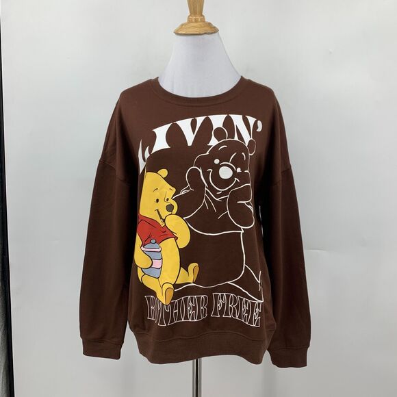 Disney Winnie The Pooh Sweater Womens S Brown Crew Neck Micro Fleece Pullover - Picture 2 of 12